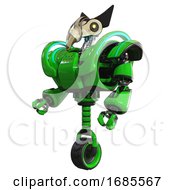 Poster, Art Print Of Cyborg Containing Bird Skull Head And Yellow Led Protruding Eyes And Robobeak Design And Heavy Upper Chest And Heavy Mech Chest And Battle Mech Chest And Unicycle Wheel Green Facing Right View