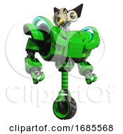 Poster, Art Print Of Cyborg Containing Bird Skull Head And Yellow Led Protruding Eyes And Robobeak Design And Heavy Upper Chest And Heavy Mech Chest And Battle Mech Chest And Unicycle Wheel Green Hero Pose