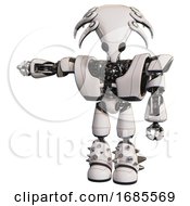 Poster, Art Print Of Automaton Containing Flat Elongated Skull Head And Heavy Upper Chest And Heavy Mech Chest And Light Leg Exoshielding And Spike Foot Mod White Arm Out Holding Invisible Object