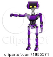 Poster, Art Print Of Robot Containing Dual Retro Camera Head And Retro Tech Device Head And Light Chest Exoshielding And Ultralight Chest Exosuit And Ultralight Foot Exosuit Purple Arm Out Holding Invisible Object