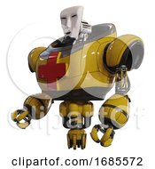 Poster, Art Print Of Android Containing Humanoid Face Mask And Heavy Upper Chest And First Aid Chest Symbol And Jet Propulsion Yellow Facing Right View