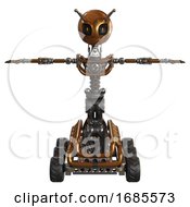 Poster, Art Print Of Android Containing Grey Alien Style Head And Metal Grate Eyes And Bug Antennas And Light Chest Exoshielding And No Chest Plating And Six-Wheeler Base Copper T-Pose