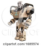 Poster, Art Print Of Droid Containing Humanoid Face Mask And Heavy Upper Chest And Triangle Of Blue Leds And Prototype Exoplate Legs Off-White Facing Right View