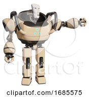Poster, Art Print Of Droid Containing Humanoid Face Mask And Heavy Upper Chest And Triangle Of Blue Leds And Prototype Exoplate Legs Off-White Pointing Left Or Pushing A Button