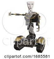 Poster, Art Print Of Mech Containing Humanoid Face Mask And Light Chest Exoshielding And Rocket Pack And No Chest Plating And Tank Tracks Gold Arm Out Holding Invisible Object