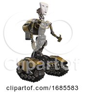 Poster, Art Print Of Mech Containing Humanoid Face Mask And Light Chest Exoshielding And Rocket Pack And No Chest Plating And Tank Tracks Gold Facing Left View
