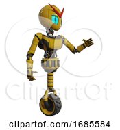 Poster, Art Print Of Automaton Containing Grey Alien Style Head And Blue Grate Eyes And Light Chest Exoshielding And Ultralight Chest Exosuit And Unicycle Wheel Yellow Interacting