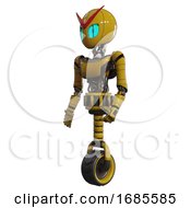 Poster, Art Print Of Automaton Containing Grey Alien Style Head And Blue Grate Eyes And Light Chest Exoshielding And Ultralight Chest Exosuit And Unicycle Wheel Yellow Facing Right View