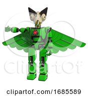 Mech Containing Bird Skull Head And Bone Skull Eye Holes And Robobeak Design And Light Chest Exoshielding And Red Energy Core And Pilots Wings Assembly And Prototype Exoplate Legs Green