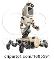 Poster, Art Print Of Mech Containing Old Computer Monitor And Old Computer Magnetic Tape And Light Chest Exoshielding And Chest Green Blue Lights Array And Insect Walker Legs Off-White Facing Left View