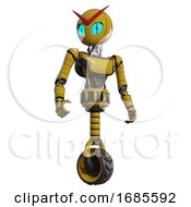 Poster, Art Print Of Automaton Containing Grey Alien Style Head And Blue Grate Eyes And Light Chest Exoshielding And Ultralight Chest Exosuit And Unicycle Wheel Yellow Hero Pose