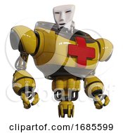 Poster, Art Print Of Android Containing Humanoid Face Mask And Heavy Upper Chest And First Aid Chest Symbol And Jet Propulsion Yellow Hero Pose