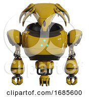 Poster, Art Print Of Mech Containing Flat Elongated Skull Head And Heavy Upper Chest And Triangle Of Blue Leds And Jet Propulsion Yellow Front View
