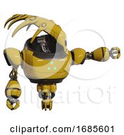 Poster, Art Print Of Mech Containing Flat Elongated Skull Head And Heavy Upper Chest And Triangle Of Blue Leds And Jet Propulsion Yellow Pointing Left Or Pushing A Button