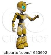 Poster, Art Print Of Automaton Containing Grey Alien Style Head And Blue Grate Eyes And Bug Antennas And Light Chest Exoshielding And Ultralight Chest Exosuit And Light Leg Exoshielding Yellow Interacting