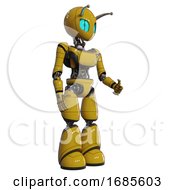 Poster, Art Print Of Automaton Containing Grey Alien Style Head And Blue Grate Eyes And Bug Antennas And Light Chest Exoshielding And Ultralight Chest Exosuit And Light Leg Exoshielding Yellow Facing Left View