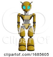 Poster, Art Print Of Automaton Containing Grey Alien Style Head And Blue Grate Eyes And Bug Antennas And Light Chest Exoshielding And Ultralight Chest Exosuit And Light Leg Exoshielding Yellow Front View