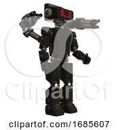 Poster, Art Print Of Robot Containing Dual Retro Camera Head And Clock Radio Head And Light Chest Exoshielding And Prototype Exoplate Chest And Minigun Back Assembly And Prototype Exoplate Legs Black Facing Left View