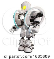 Poster, Art Print Of Bot Containing Grey Alien Style Head And Yellow Eyes And Heavy Upper Chest And Heavy Mech Chest And Spectrum Fusion Core Chest And Light Leg Exoshielding And Spike Foot Mod White Facing Right View