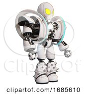 Poster, Art Print Of Bot Containing Grey Alien Style Head And Yellow Eyes And Heavy Upper Chest And Heavy Mech Chest And Spectrum Fusion Core Chest And Light Leg Exoshielding And Spike Foot Mod White Facing Left View