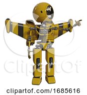 Poster, Art Print Of Robot Containing Round Head Chomper Design And Light Chest Exoshielding And Stellar Jet Wing Rocket Pack And No Chest Plating And Prototype Exoplate Legs Yellow Pointing Left Or Pushing A Button