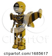 Poster, Art Print Of Robot Containing Round Head Chomper Design And Light Chest Exoshielding And Stellar Jet Wing Rocket Pack And No Chest Plating And Prototype Exoplate Legs Yellow Facing Right View