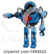 Poster, Art Print Of Automaton Containing Cable Connector Head And Heavy Upper Chest And First Aid Chest Symbol And Prototype Exoplate Legs Blue Arm Out Holding Invisible Object