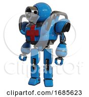Poster, Art Print Of Automaton Containing Cable Connector Head And Heavy Upper Chest And First Aid Chest Symbol And Prototype Exoplate Legs Blue Standing Looking Right Restful Pose