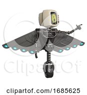 Poster, Art Print Of Cyborg Containing Old Computer Monitor And Yellow Pixel Face Surprised And Red Buttons And Light Chest Exoshielding And Cherub Wings Design And No Chest Plating And Unicycle Wheel Metal