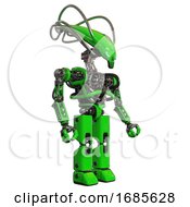 Poster, Art Print Of Cyborg Containing Flat Elongated Skull Head And Cables And Heavy Upper Chest And No Chest Plating And Prototype Exoplate Legs Green Facing Left View