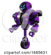 Automaton Containing Digital Display Head And Angry Face And Heavy Upper Chest And Heavy Mech Chest And Green Cable Sockets Array And Unicycle Wheel Purple Facing Right View by Leo Blanchette