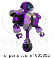 Automaton Containing Digital Display Head And Angry Face And Heavy Upper Chest And Heavy Mech Chest And Green Cable Sockets Array And Unicycle Wheel Purple Facing Left View by Leo Blanchette