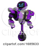 Poster, Art Print Of Automaton Containing Digital Display Head And Angry Face And Heavy Upper Chest And Heavy Mech Chest And Green Cable Sockets Array And Unicycle Wheel Purple Hero Pose