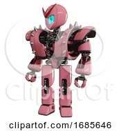 Poster, Art Print Of Cyborg Containing Grey Alien Style Head And Blue Grate Eyes And Heavy Upper Chest And Heavy Mech Chest And Shoulder Spikes And Prototype Exoplate Legs Pink Standing Looking Right Restful Pose