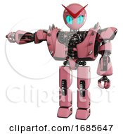 Poster, Art Print Of Cyborg Containing Grey Alien Style Head And Blue Grate Eyes And Heavy Upper Chest And Heavy Mech Chest And Shoulder Spikes And Prototype Exoplate Legs Pink Arm Out Holding Invisible Object