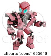 Poster, Art Print Of Cyborg Containing Grey Alien Style Head And Blue Grate Eyes And Heavy Upper Chest And Heavy Mech Chest And Shoulder Spikes And Prototype Exoplate Legs Pink Fight Or Defense Pose