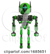 Poster, Art Print Of Android Containing Round Head And Vertical Cyclops Visor And Head Winglets And Heavy Upper Chest And No Chest Plating And Ultralight Foot Exosuit Green Front View