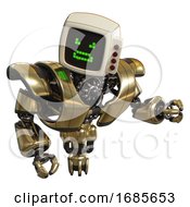 Poster, Art Print Of Cyborg Containing Old Computer Monitor And Angry Pixels Face And Red Buttons And Heavy Upper Chest And Heavy Mech Chest And Jet Propulsion Gold Fight Or Defense Pose