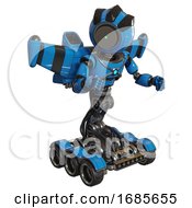 Poster, Art Print Of Robot Containing Green Dot Eye Corn Row Plastic Hair And Light Chest Exoshielding And Blue Energy Core And Stellar Jet Wing Rocket Pack And Six-Wheeler Base Blue Fight Or Defense Pose