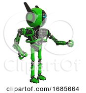 Poster, Art Print Of Android Containing Round Head And Vertical Cyclops Visor And Head Winglets And Heavy Upper Chest And No Chest Plating And Ultralight Foot Exosuit Green Interacting