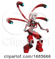 Poster, Art Print Of Cyborg Containing Humanoid Face Mask And Light Chest Exoshielding And Blue-Eye Cam Cable Tentacles And No Chest Plating And Prototype Exoplate Legs Red Fight Or Defense Pose