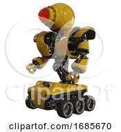 Poster, Art Print Of Automaton Containing Round Head And Red Laser Crystal Array And Heavy Upper Chest And Heavy Mech Chest And Six-Wheeler Base Yellow Facing Right View