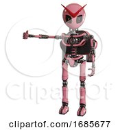 Poster, Art Print Of Automaton Containing Grey Alien Style Head And Metal Grate Eyes And Light Chest Exoshielding And Rocket Pack And No Chest Plating And Ultralight Foot Exosuit Pink Arm Out Holding Invisible Object