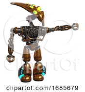 Poster, Art Print Of Droid Containing Flat Elongated Skull Head And Yellow Eyeball Array And Heavy Upper Chest And No Chest Plating And Light Leg Exoshielding And Megneto-Hovers Foot Mod Copper