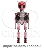 Poster, Art Print Of Automaton Containing Grey Alien Style Head And Metal Grate Eyes And Light Chest Exoshielding And Rocket Pack And No Chest Plating And Ultralight Foot Exosuit Pink Front View