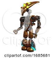 Poster, Art Print Of Droid Containing Flat Elongated Skull Head And Yellow Eyeball Array And Heavy Upper Chest And No Chest Plating And Light Leg Exoshielding And Megneto-Hovers Foot Mod Copper Facing Right View