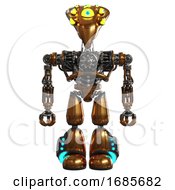 Poster, Art Print Of Droid Containing Flat Elongated Skull Head And Yellow Eyeball Array And Heavy Upper Chest And No Chest Plating And Light Leg Exoshielding And Megneto-Hovers Foot Mod Copper Front View