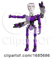 Poster, Art Print Of Bot Containing Humanoid Face Mask And Light Chest Exoshielding And Ultralight Chest Exosuit And Minigun Back Assembly And Ultralight Foot Exosuit Purple Arm Out Holding Invisible Object
