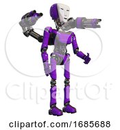 Poster, Art Print Of Bot Containing Humanoid Face Mask And Light Chest Exoshielding And Ultralight Chest Exosuit And Minigun Back Assembly And Ultralight Foot Exosuit Purple Facing Left View