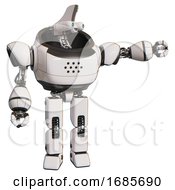 Poster, Art Print Of Robot Containing Dual Retro Camera Head And Reversed Fin Head And Heavy Upper Chest And Prototype Exoplate Legs White Pointing Left Or Pushing A Button